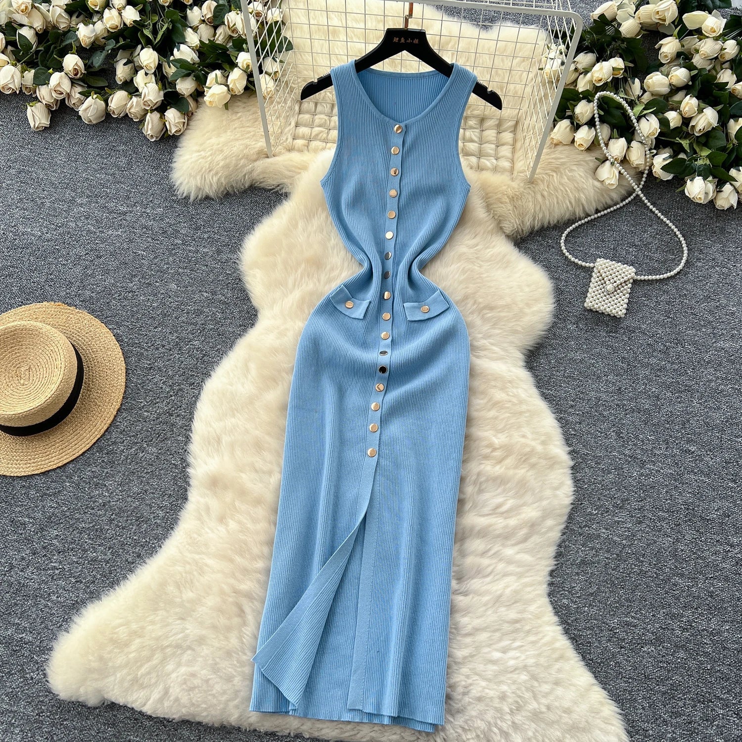 Elegant Solid Knitted O Neck Sleeveless Midi Dress Buttons