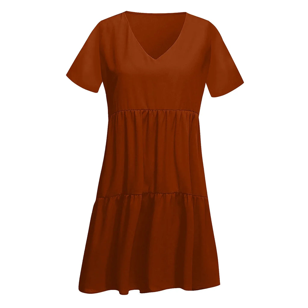 Womens V Neck Short Sleeve Loose Fit Dress Solid Color