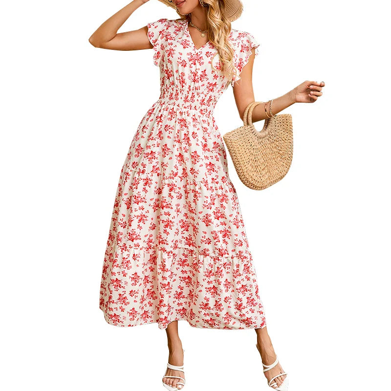 Casual Floral Maxi Dress With Flounce Sleeves V Neck