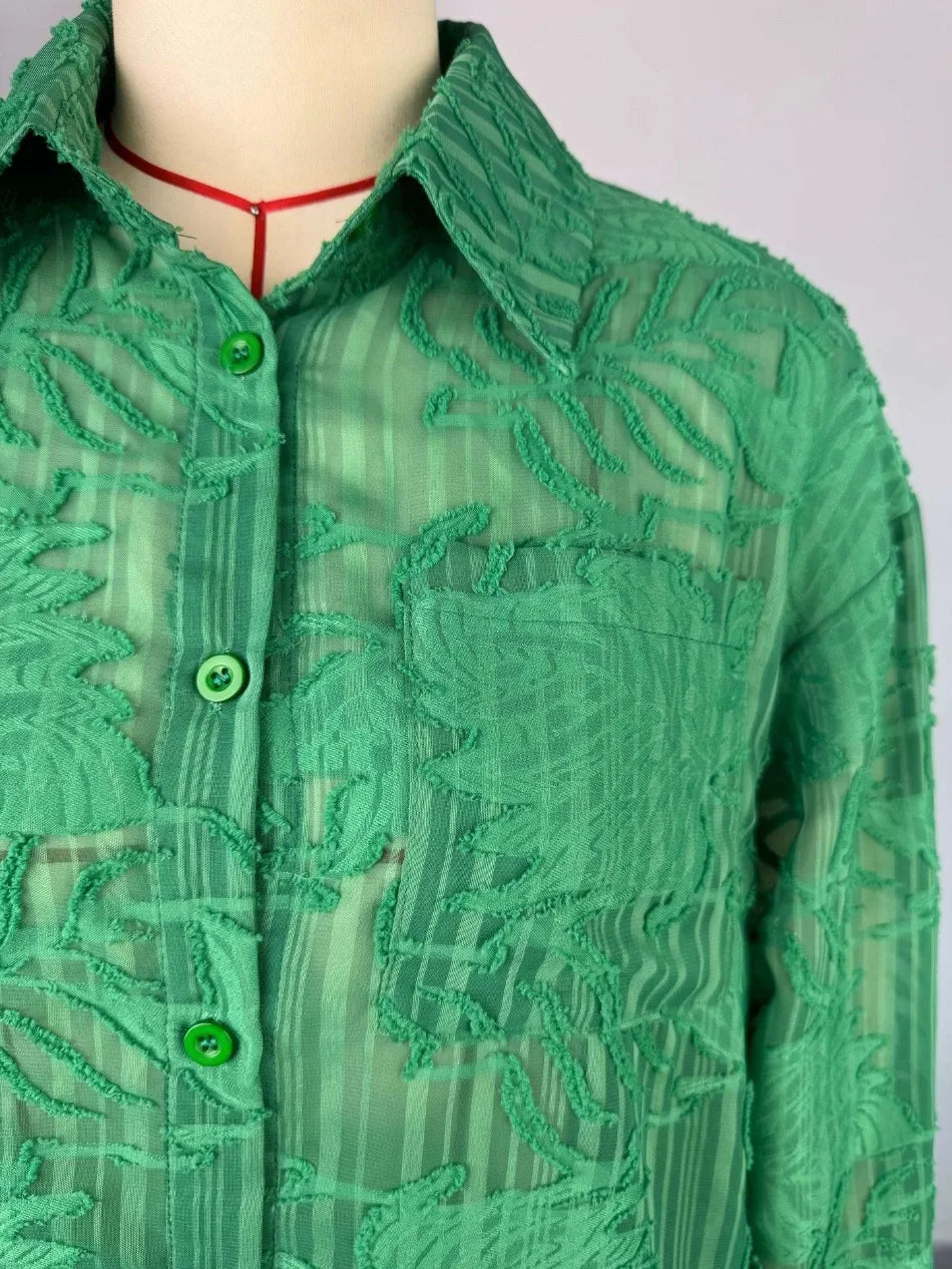 Women's Summer Pant Sets with Turned-down Collar Long-sleeve Shirt and High-waist Straight-leg Pants Two-piece Outfit