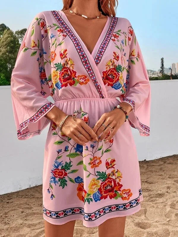 Bohemian Dress With V Neck And Tie Waist Beach Vacation
