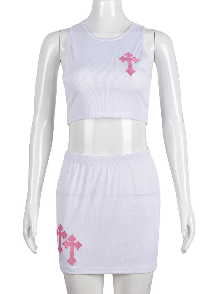 Women Two Piece Ribbed Skirt Set with Cross Embroidered Sleeveless Crop Top and Mini Skirt Party Dress