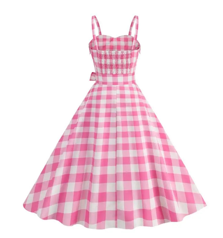 Pink Plaid Suspender Dress High Waisted Party Gown Chic