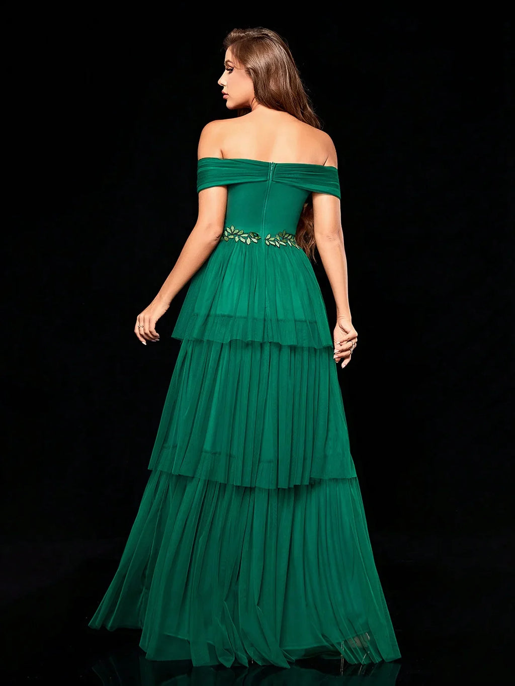 Line Collar Embroidered Long Gauze Evening Gown for Party