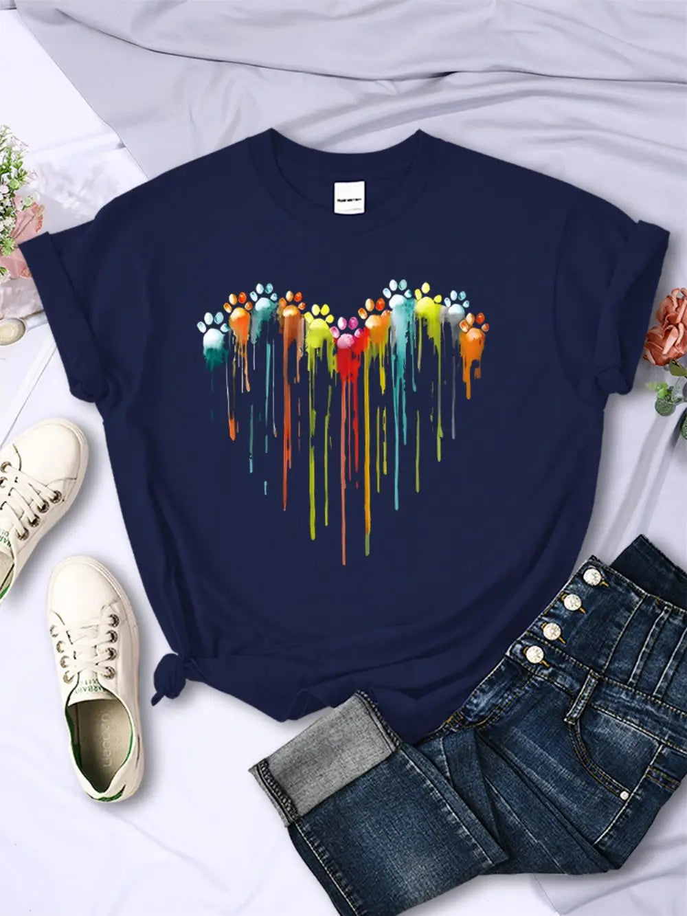 Multicolored Cat Paw Print T-Shirt for Women Comfortable O-Neck Short Sleeve Summer Casual Top