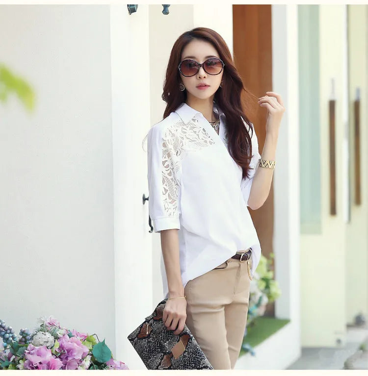 Sexy White Lace Patchwork Chiffon Button-Up Shirt for Women Casual Loose Half Sleeve Blouse Summer Top