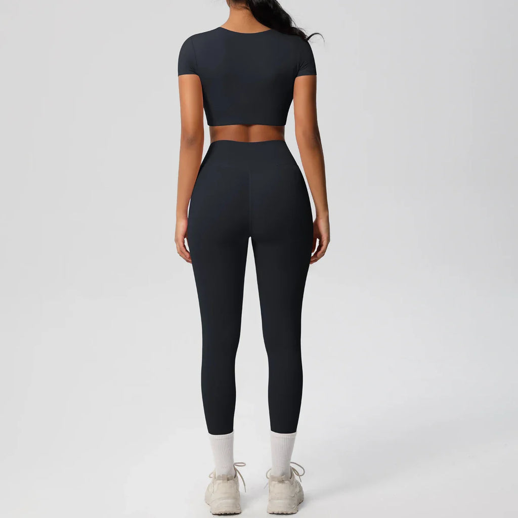 Yoga Set for Women Fitness Sportswear with Short Sleeve Top and High Waist Leggings