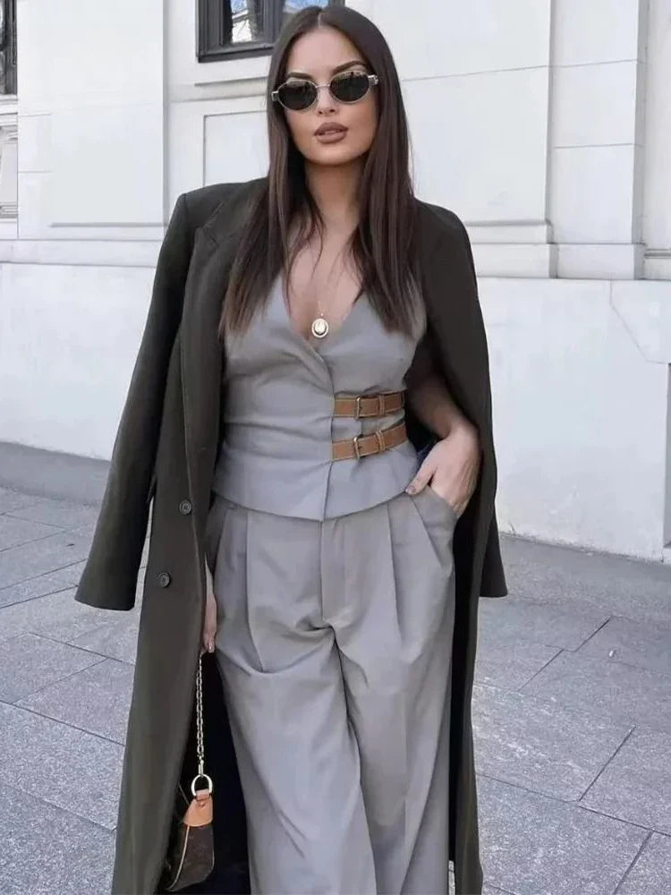 Women's Two-Piece Suit Set with Belt Halter V-Neck Top and High-Waisted Pleated Pants