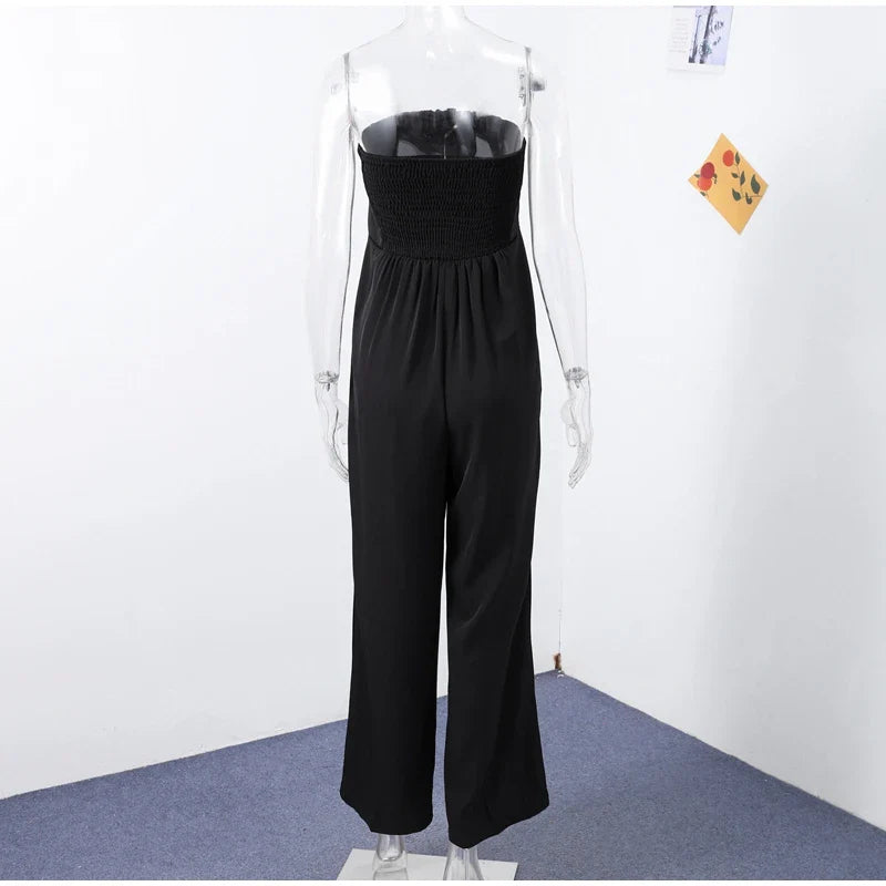 Solid Backless Off Shoulder Jumpsuit for Women Waist Cinching Wide Leg Pants with Pockets Elegant Summer Bodysuit Outwear