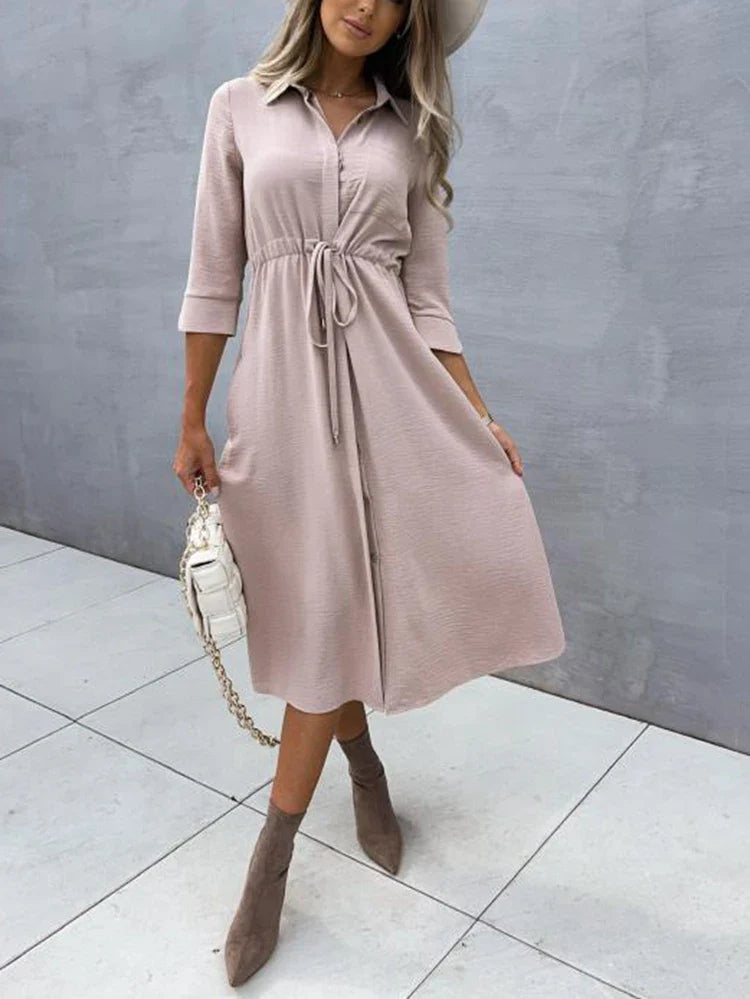 Women's Lace Up Waist Dress Mid Sleeve Aline Solid Color