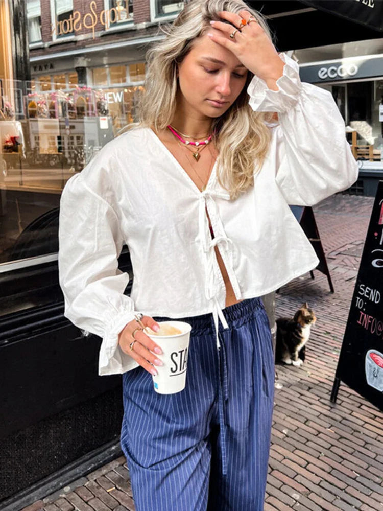 Elegant Solid Lace-Up V-Neck Blouse for Women with Lantern Sleeves and Hollow Out Detail Loose Fit Chic Female Shirt