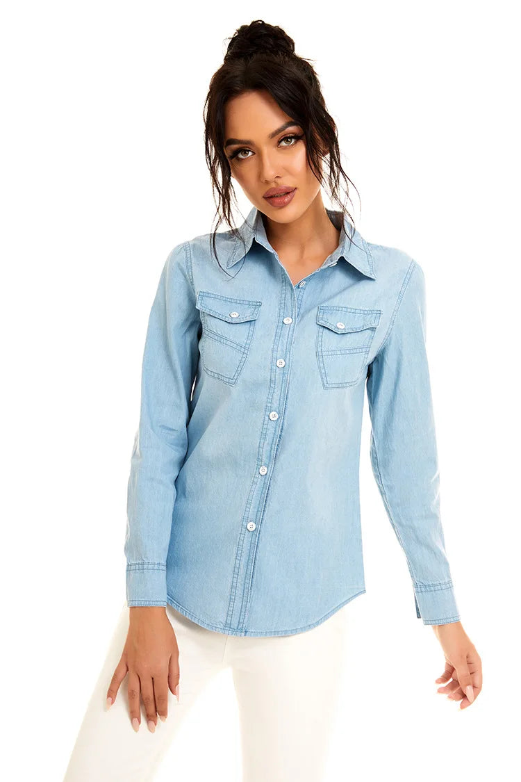 Light Blue Slim Fit Cotton Denim Shirt for Women Long Sleeve Casual Thin Jeans Blouse Top