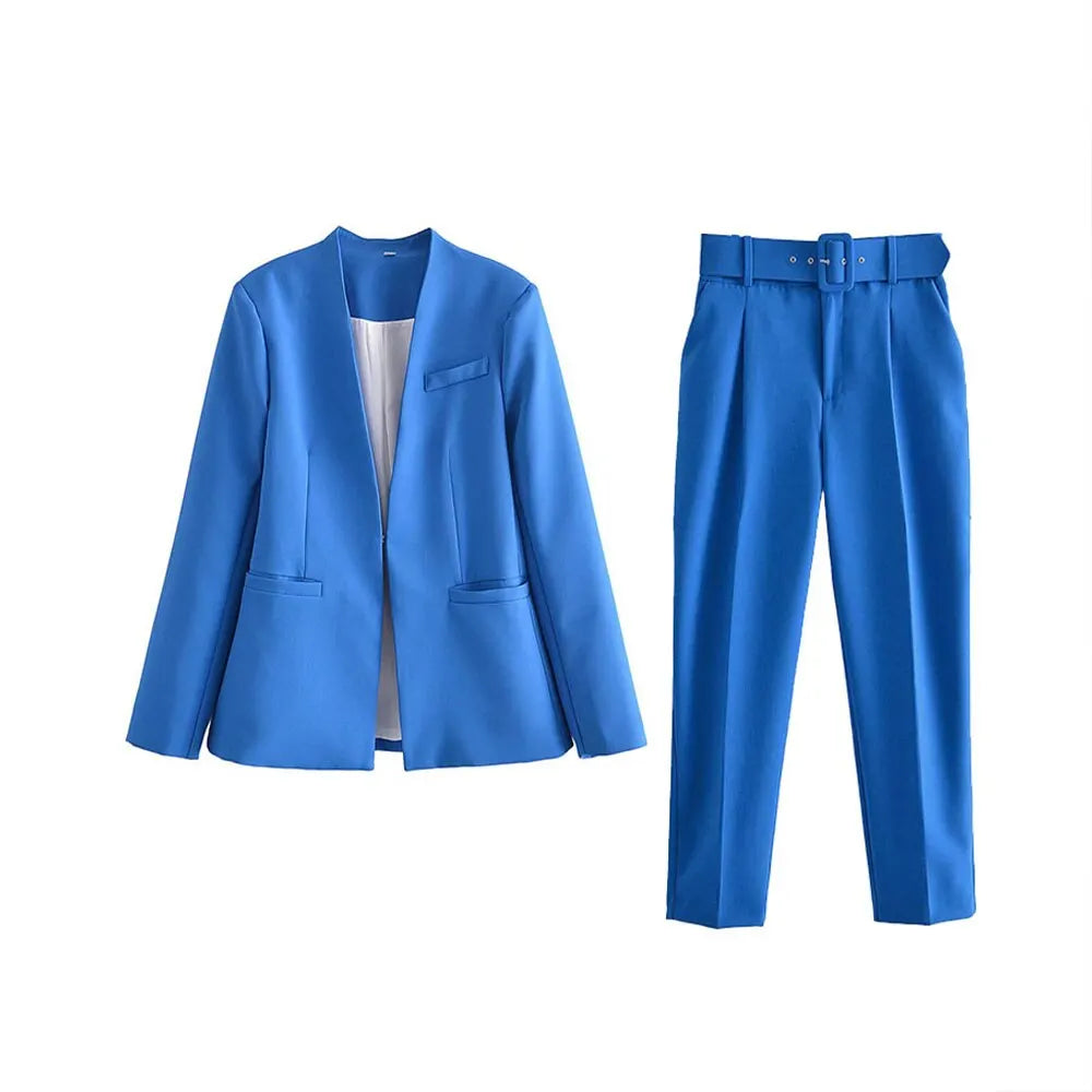 Women's Solid Color Office Suit Coat and High Waist Ankle-Length Pants Set