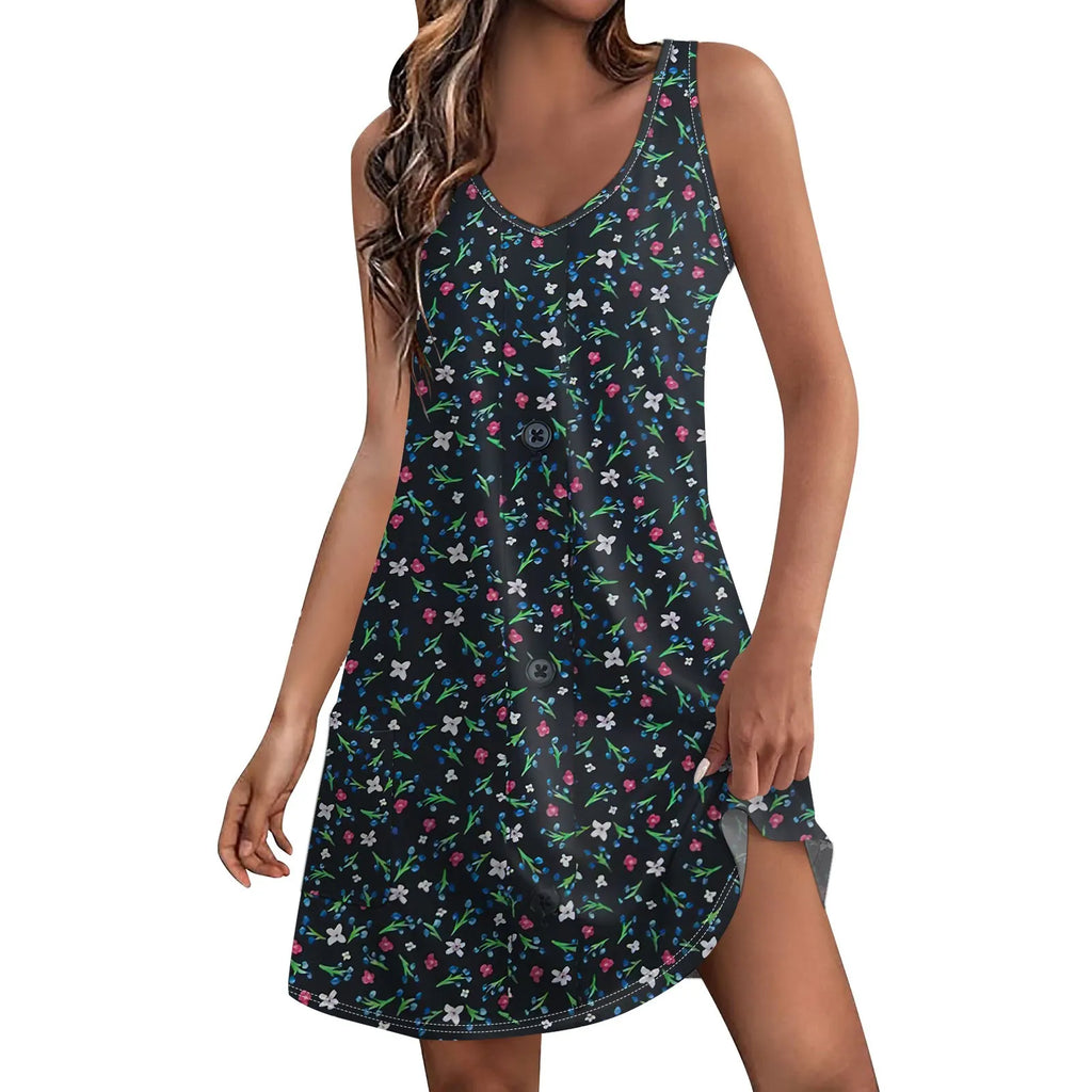 Bohemian Flower Print Beach Dress With Pockets For Women