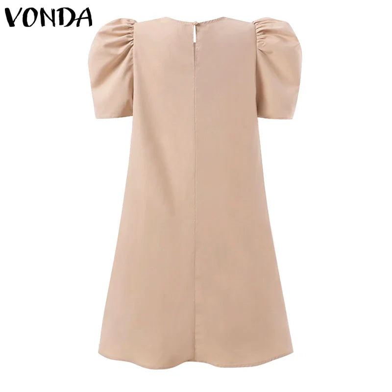 Summer Women Sundress Mini Pleated Puff Sleeve Dress