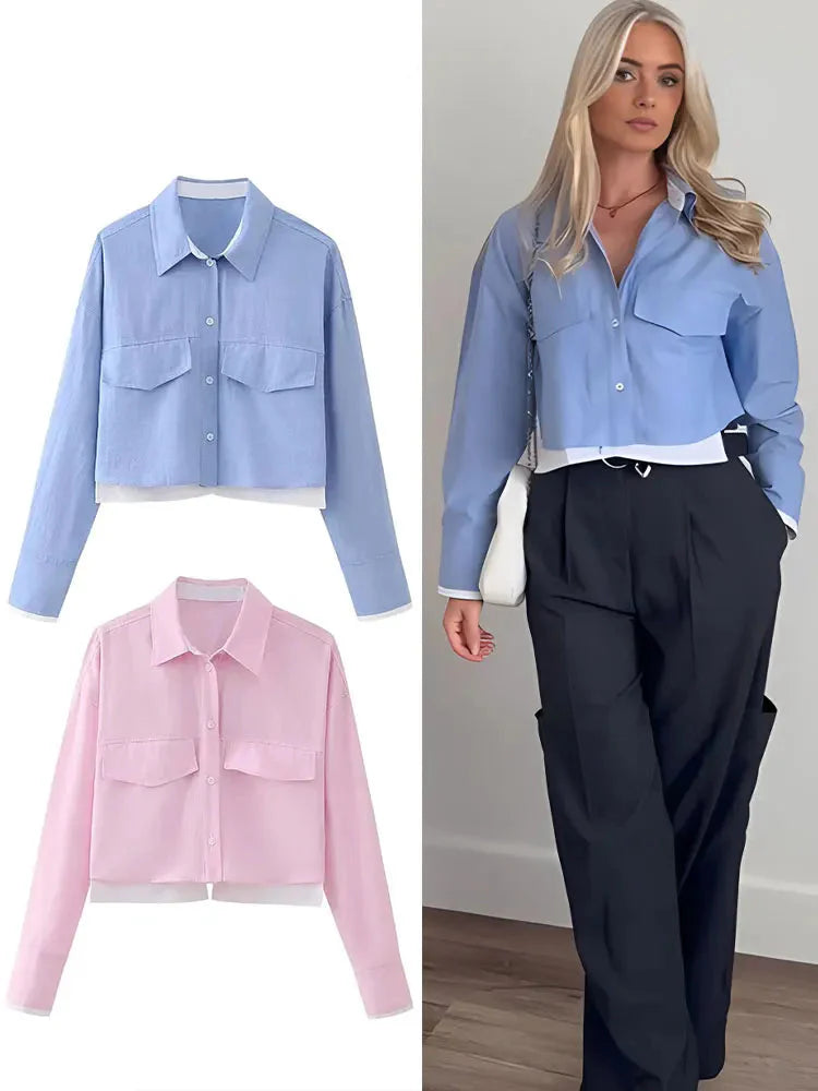 Elegant Patchwork Blouse for Women Long Sleeve Single Breasted Lapel Shirt Chic Short Top