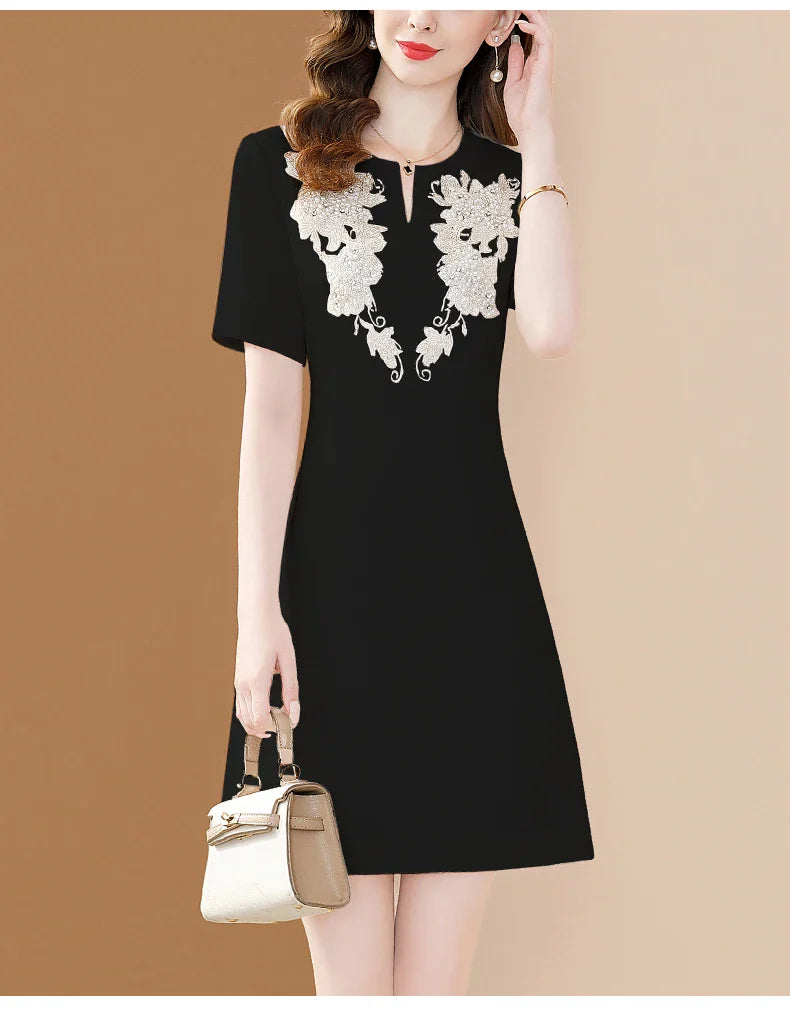 White Floral Embroidery A-Line Dress Short Sleeve Chic