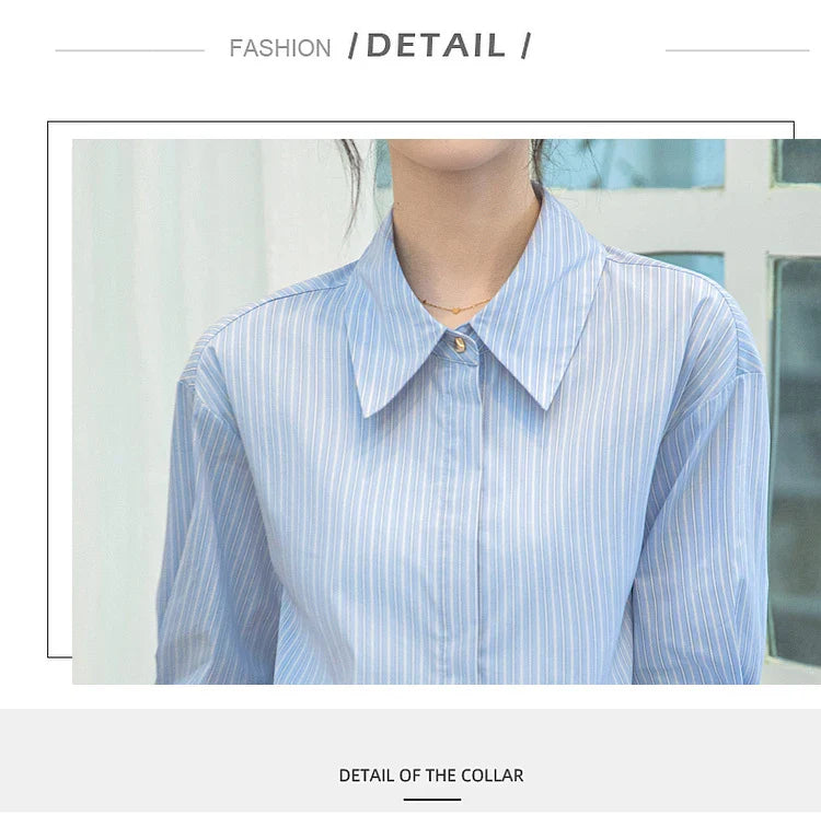 Women Casual Blue Stripe Short Sleeve Polo Collar Shirt Elegant Loose Office Blouse Single Breasted Summer Chic Top