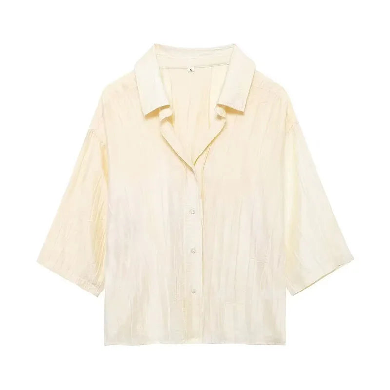 Jacquard Shirt Pants Suit for Women with Lapel Half Sleeve and Pockets, Wide Leg Pant Set for Summer Streetwear