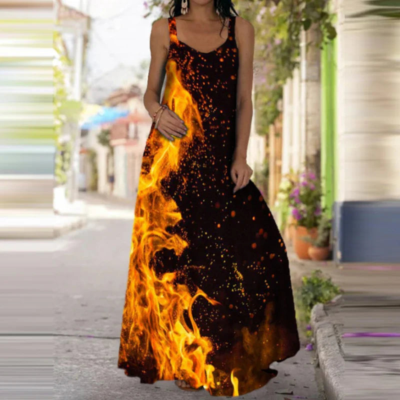 Flame Print Sleeveless Dress For Summer Casual Wear