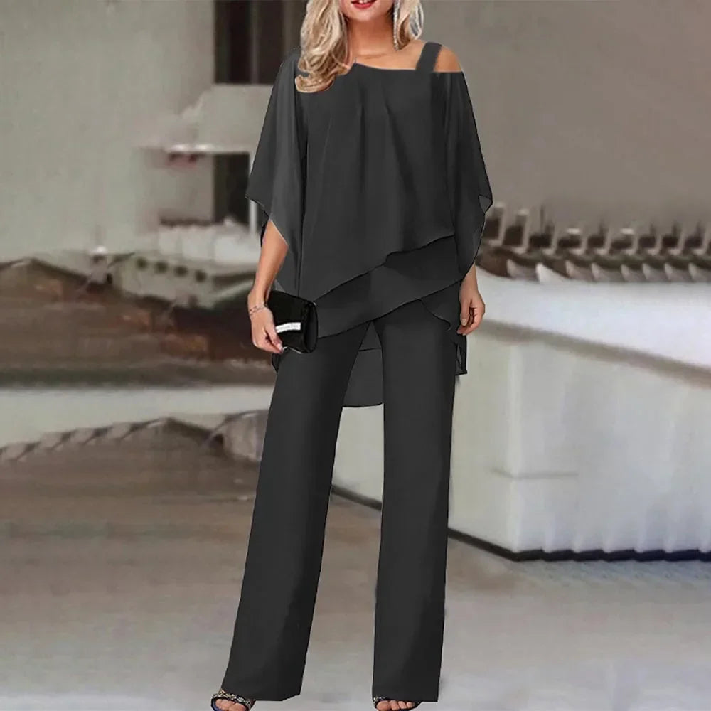 Fashionable Women's Two Piece Set with Bat Sleeve Top and Wide Leg Pants for Casual Parties