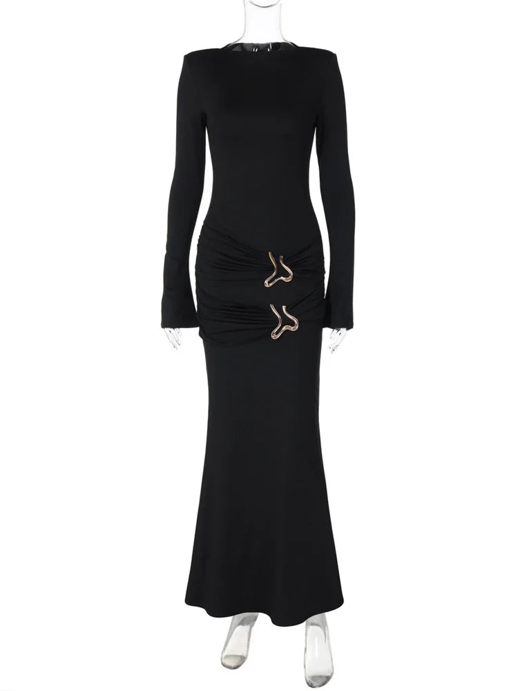 Elegant Black Pleated Maxi Dress For Women With High Waist