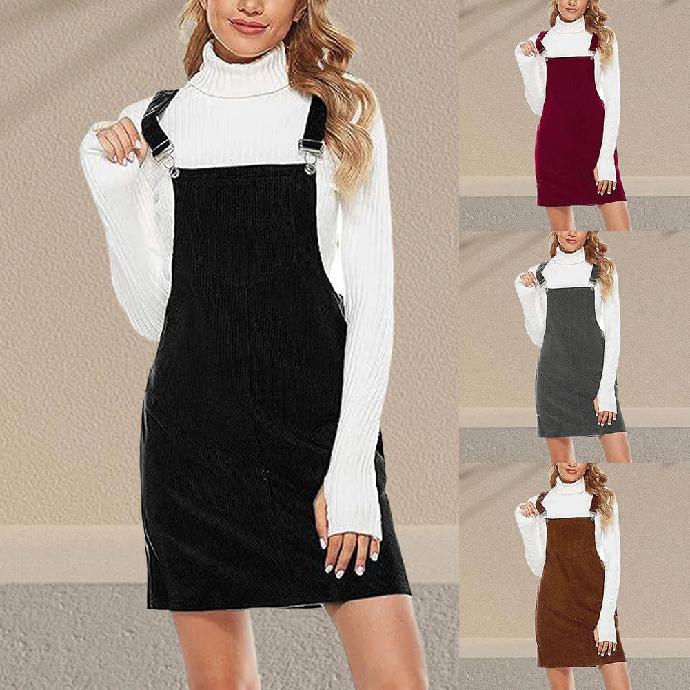 Corduroy Pinafore Dress Women Sleeveless Aline With Pockets