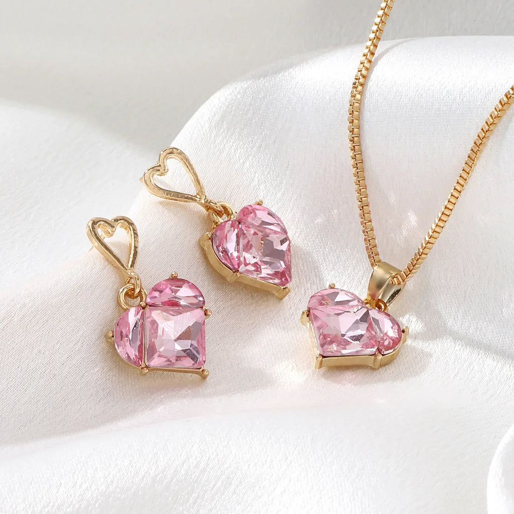 3pcs Y2K Heart Shaped Zircon Pink Crystal Jewelry Set for Women Elegant Earrings and Necklace Gift