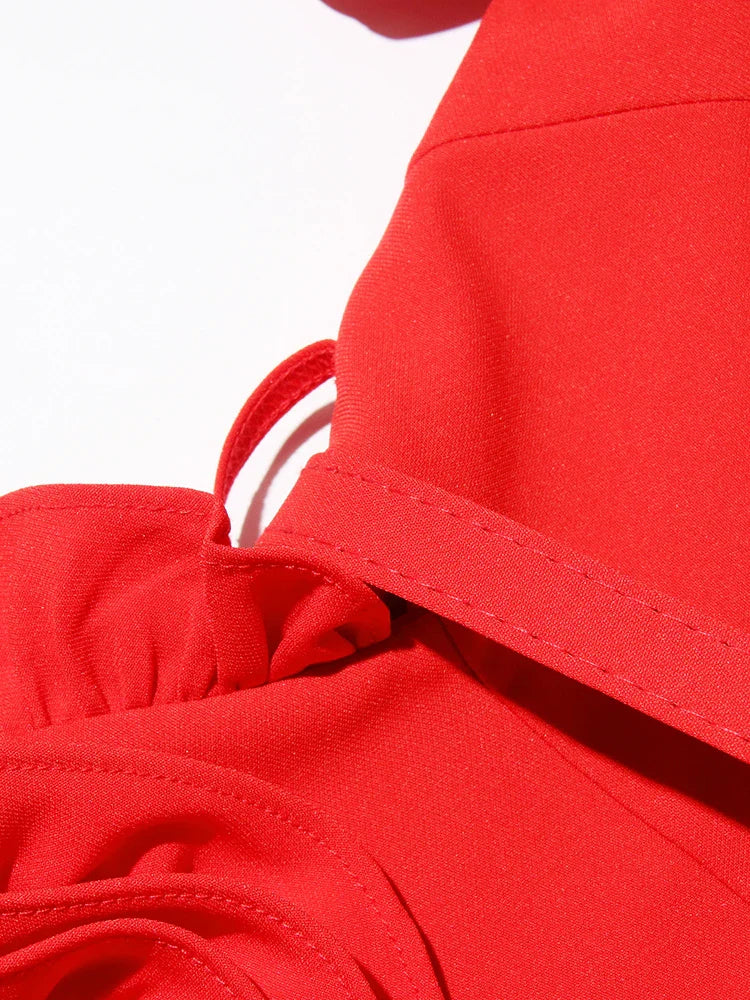 Hollow Out Patchwork Dress For Women V Neck Long Belted