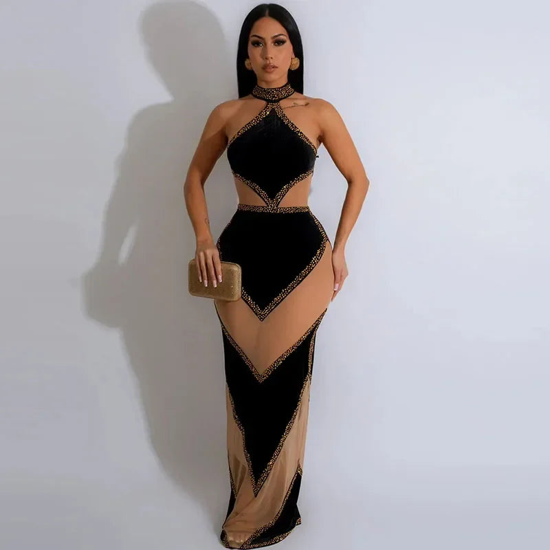 Sexy Halter Rhinestone Mesh See Through Maxi Party Dress