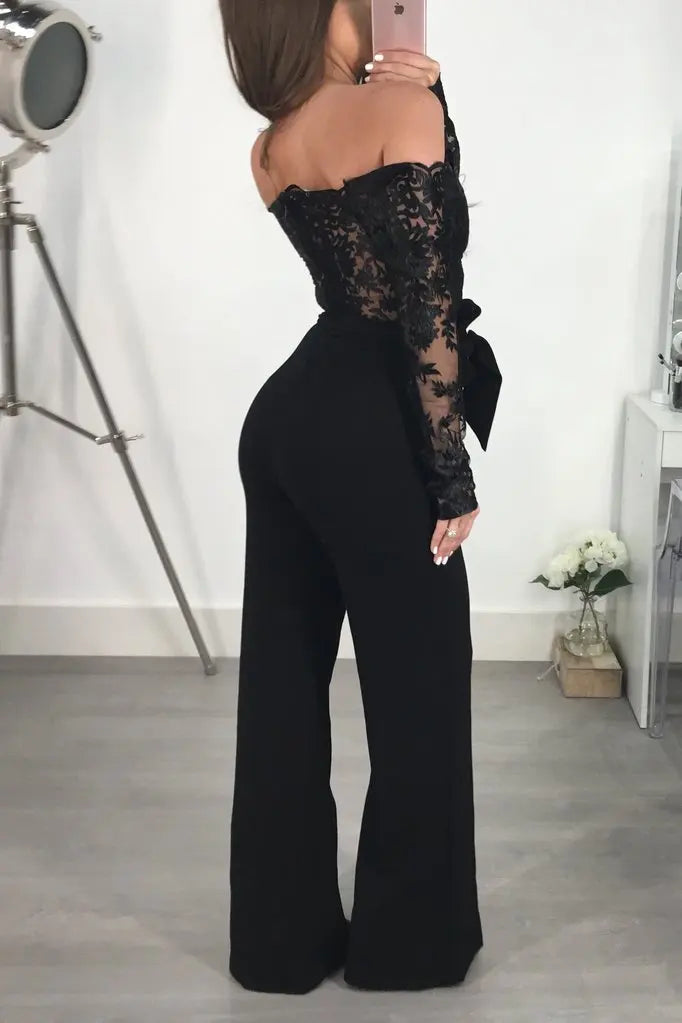 Appliques Lace Patchwork Off Shoulder Jumpsuit for Women with Slash Neck Long Sleeve and Elegant Wide Leg Pants Party Overalls