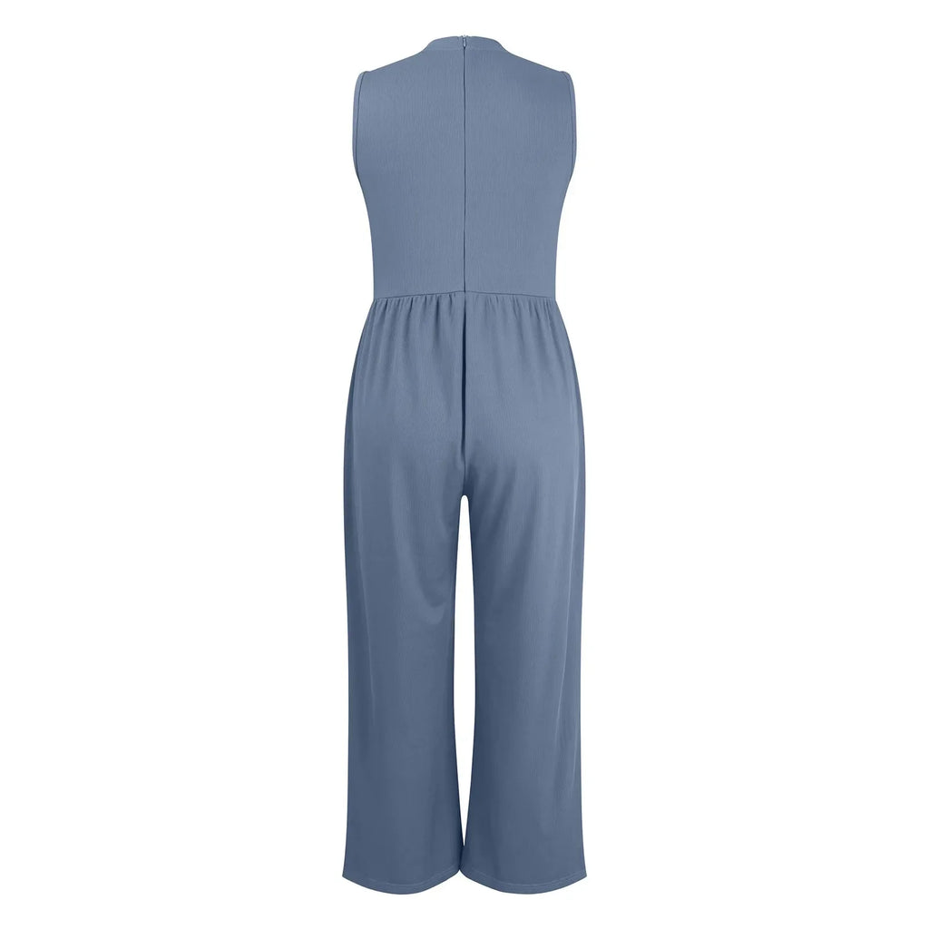 Women Sleeveless High Neck Ribbed Tank Top Jumpsuit Wide Leg Pants Romper with Tummy Control and High Waist Casual Summer Outfit