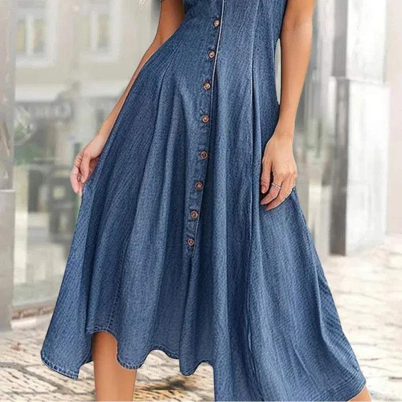 Denim Shirt Dress Women Casual Loose Fit Short Sleeve Slit