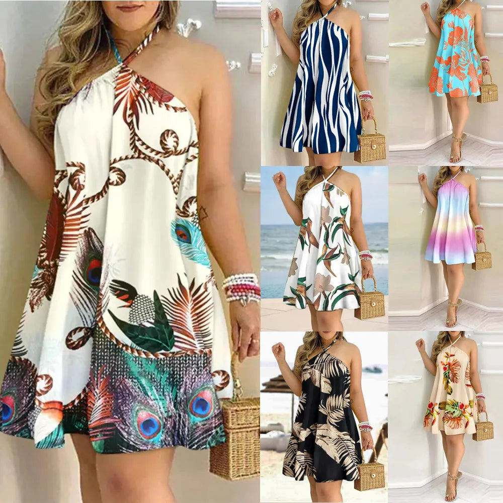 Halter Neck Backless Print Dress For Women Sleeveless
