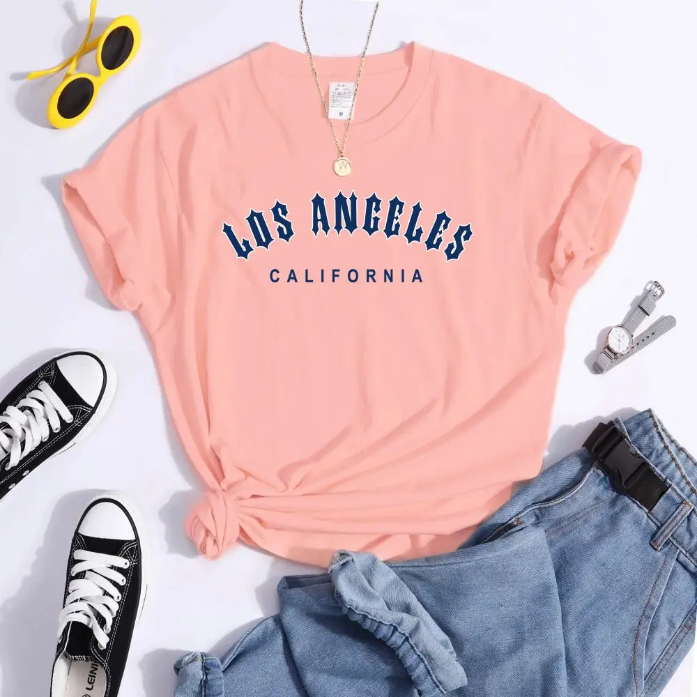 Los Angeles Letter Print Women's Casual T-Shirt Short Sleeve Crewneck Summer Style