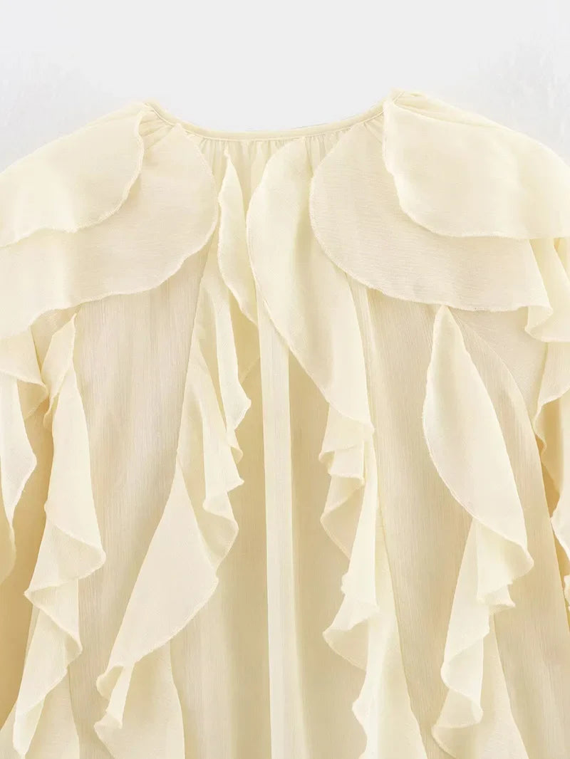 Women's Semi-Transparent V-Neck Tiered Decoration Long Sleeve Casual Shirt Blouse Top