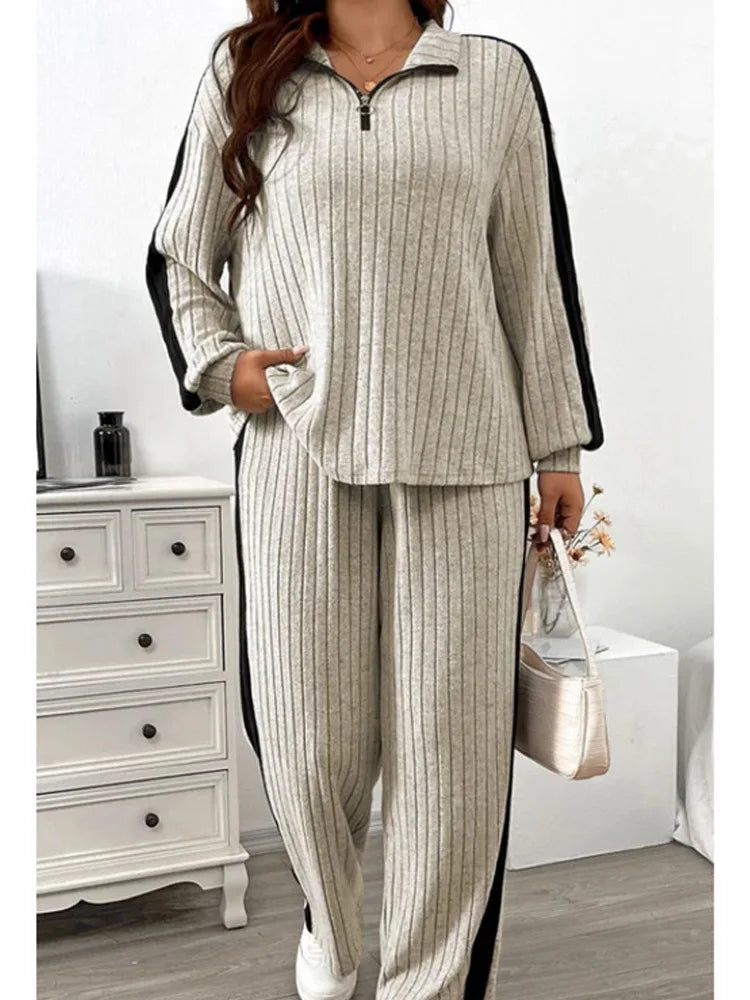 Women Loose Knit Sweater and Wide Leg Pants Two Piece Set with Stripe Color V Neck Design for Autumn and Winter Homewear