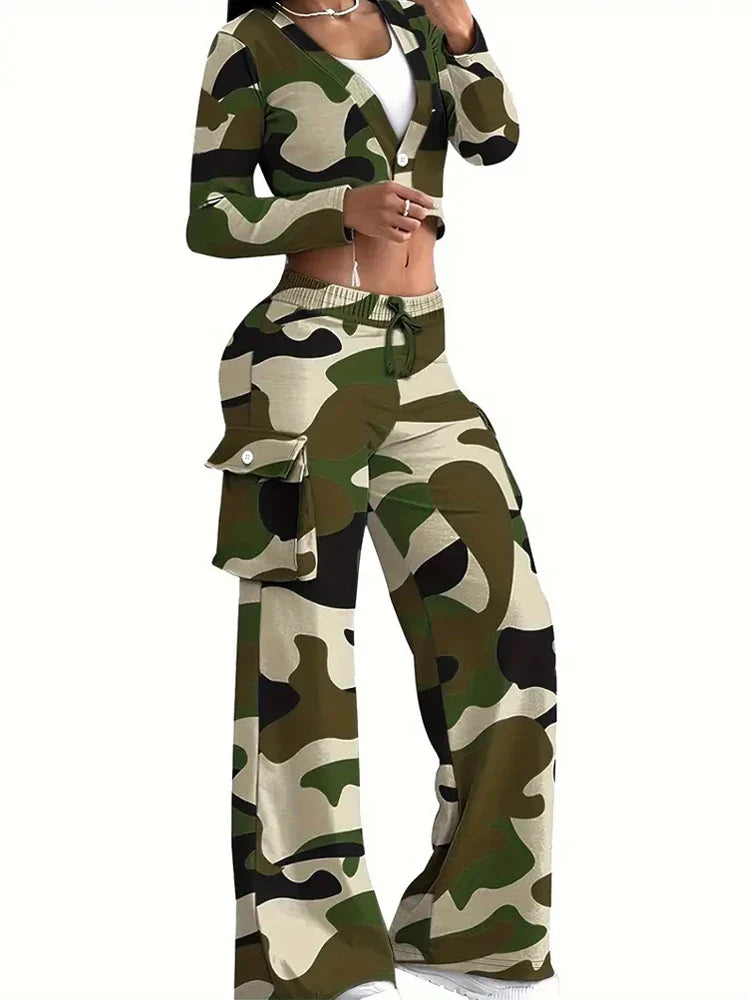Camo Print Cargo Pants Set with Sexy Crop Top and High Waist Wide Leg Trousers for Women