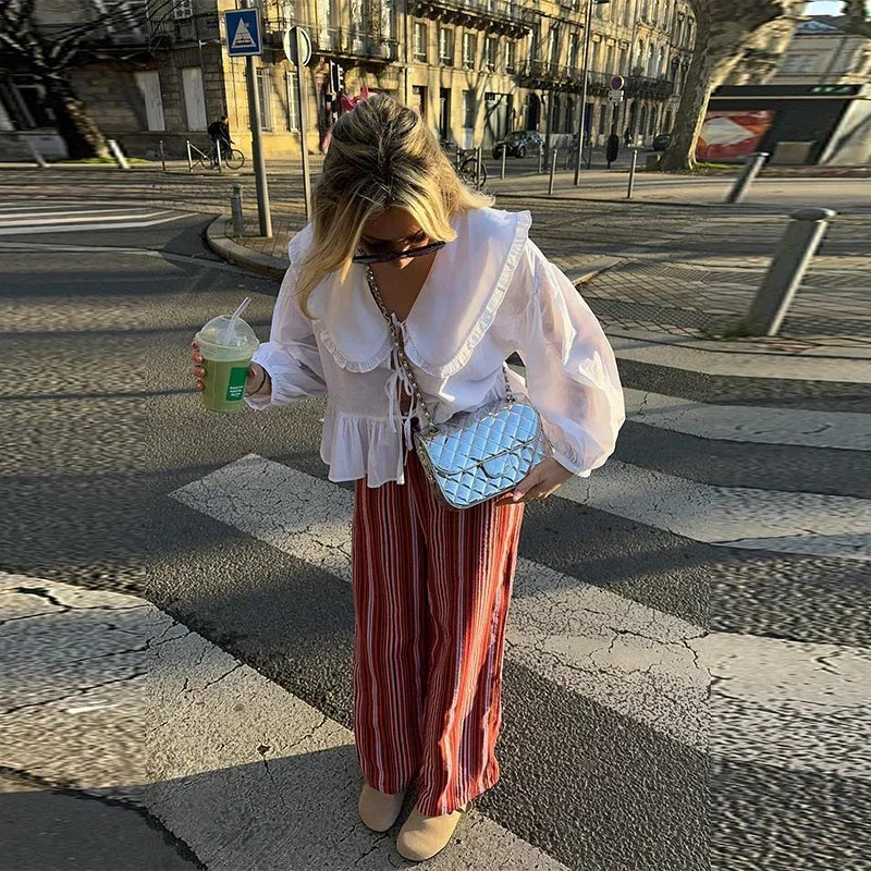 Women's Sweet Solid White Blouse with Front Bow Lace-Up Long Sleeves Elegant Casual Summer Top