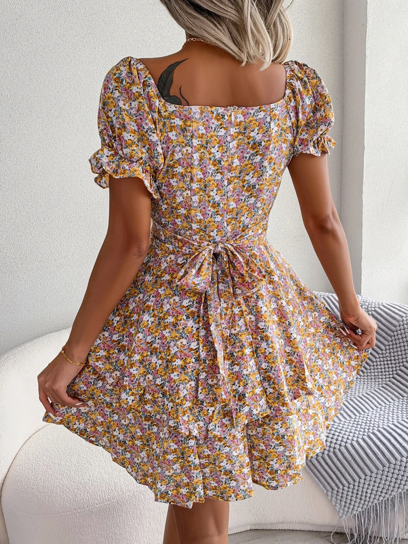 Floral Print Pleated Dress For Women Knee Length Summer