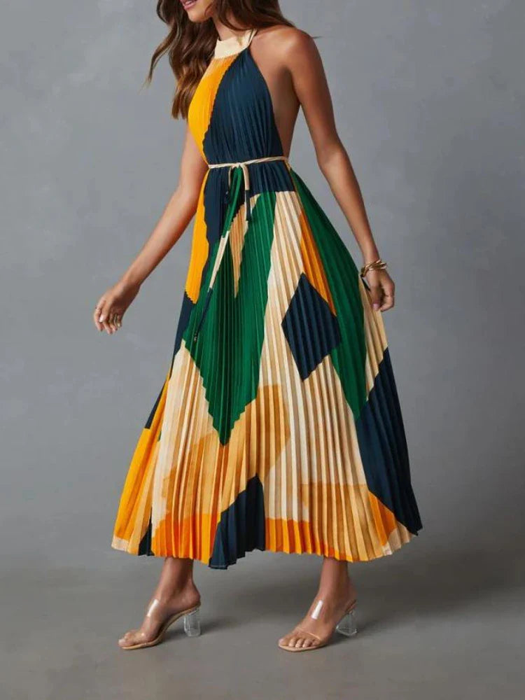 Elegant Backless Pleated Printed Dress For Summer Women