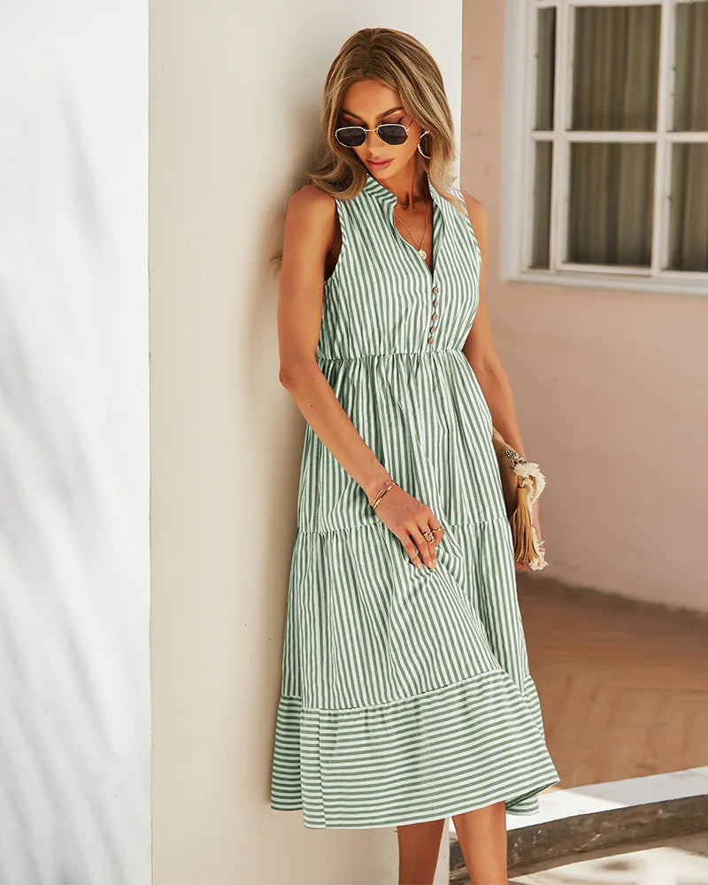 Striped Shirt Dress Women Sleeveless V Neck A Line Casual
