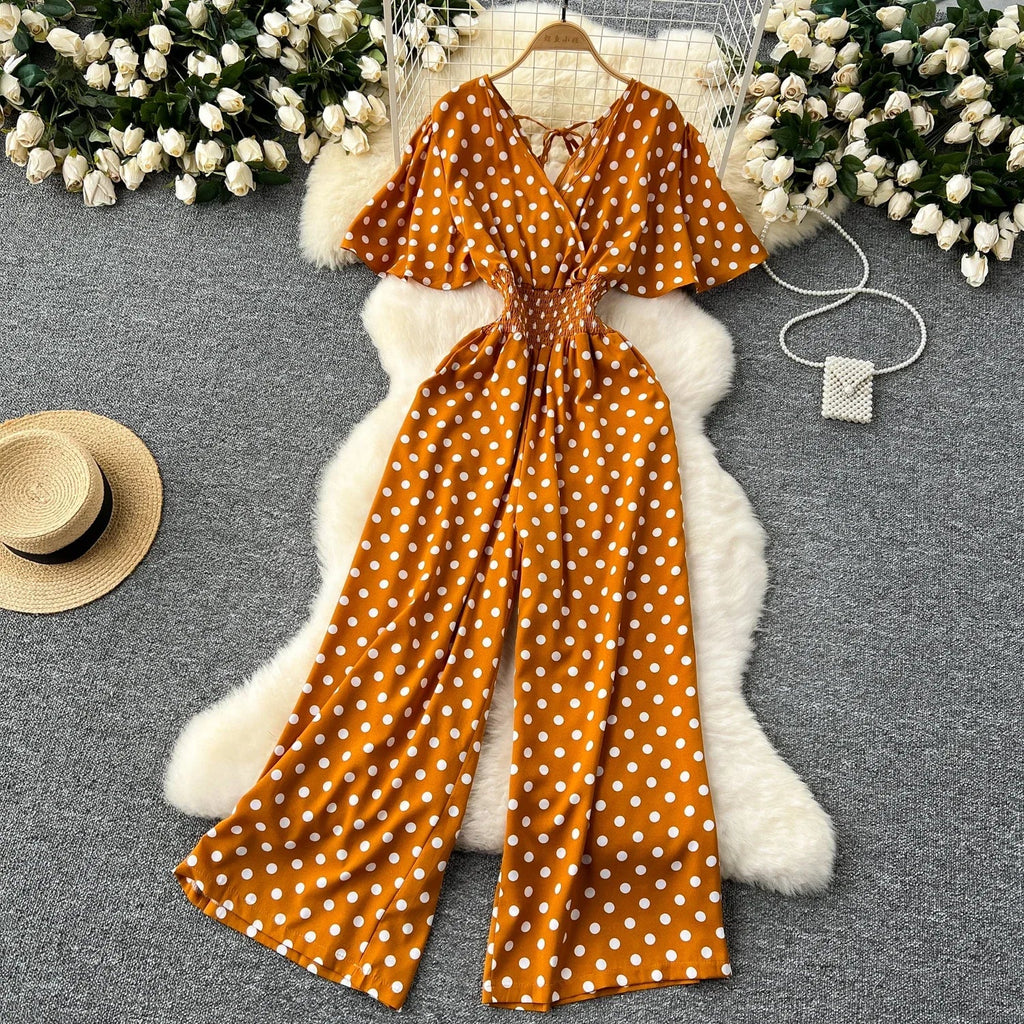 Elegant Polka Dot Romper for Women V-Neck Short Sleeve High Waist Wide Leg Jumpsuit Loose Fit Summer Playsuit