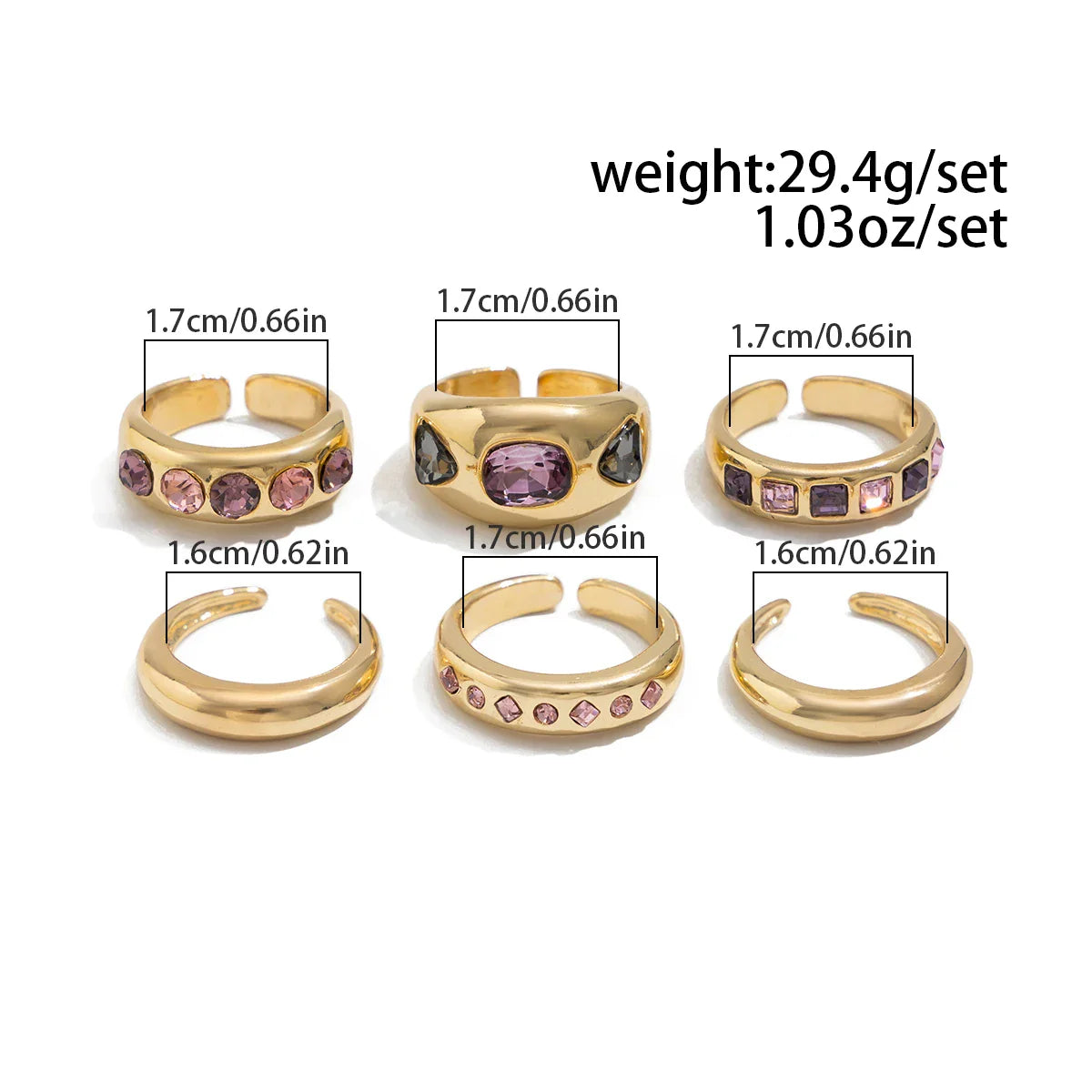 Adjustable Purple Zircon Inlaid Gold Color Ring Set for Women - 6 Piece Fashion Jewelry Collection