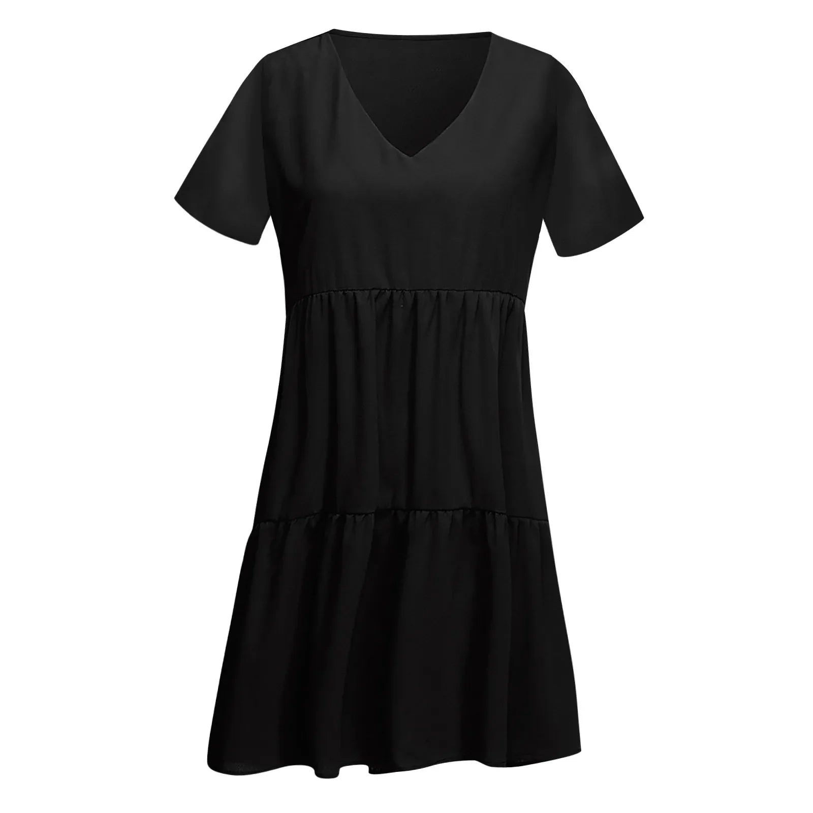 Womens V Neck Short Sleeve Loose Fit Dress Solid Color