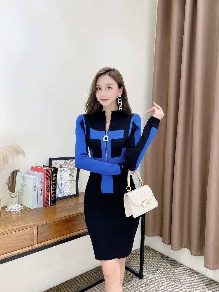 Winter Knit Bodycon Dress With Zipper Pattern Chic