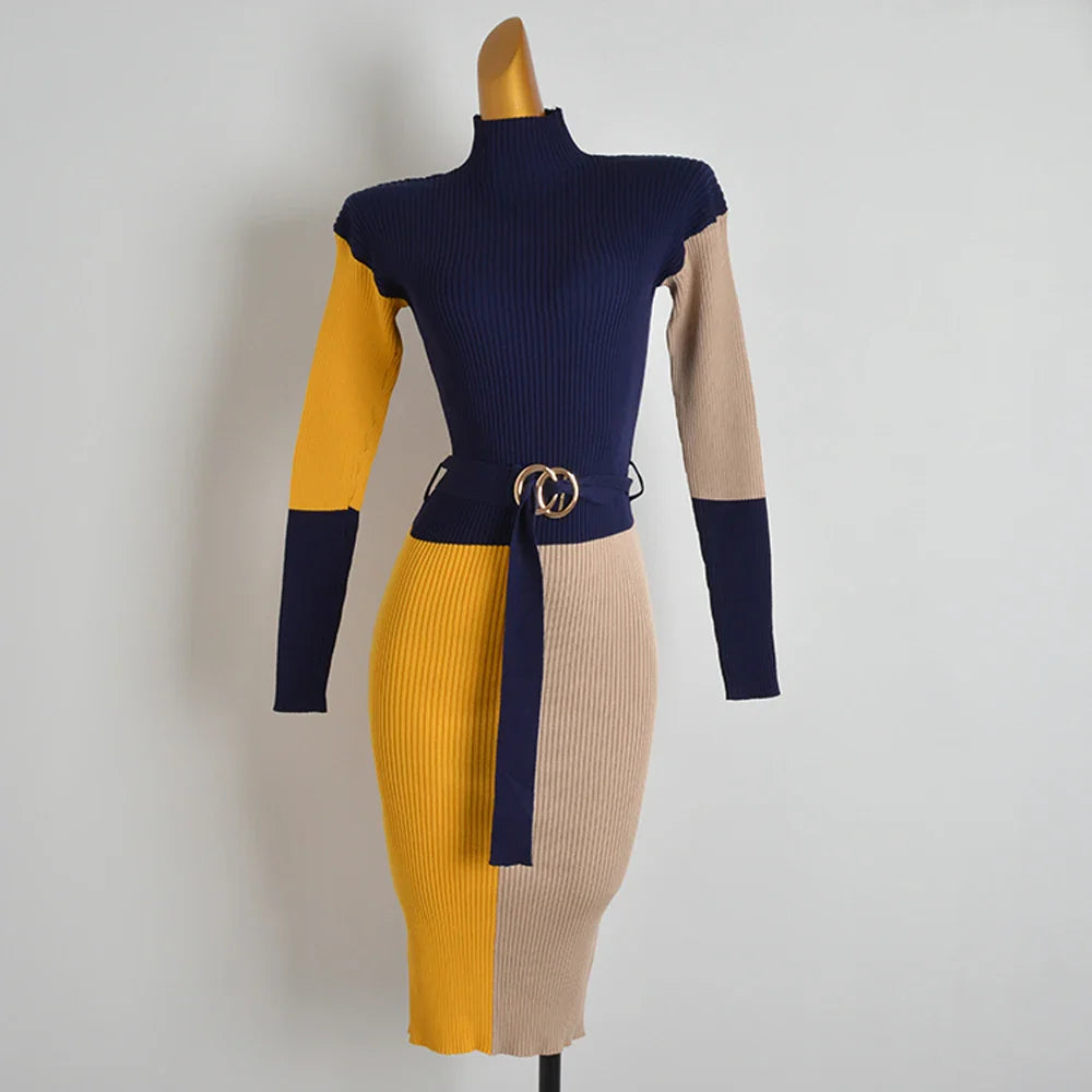 Fall Winter Knit Wrap Dress With Belt Long Sleeve Pencil