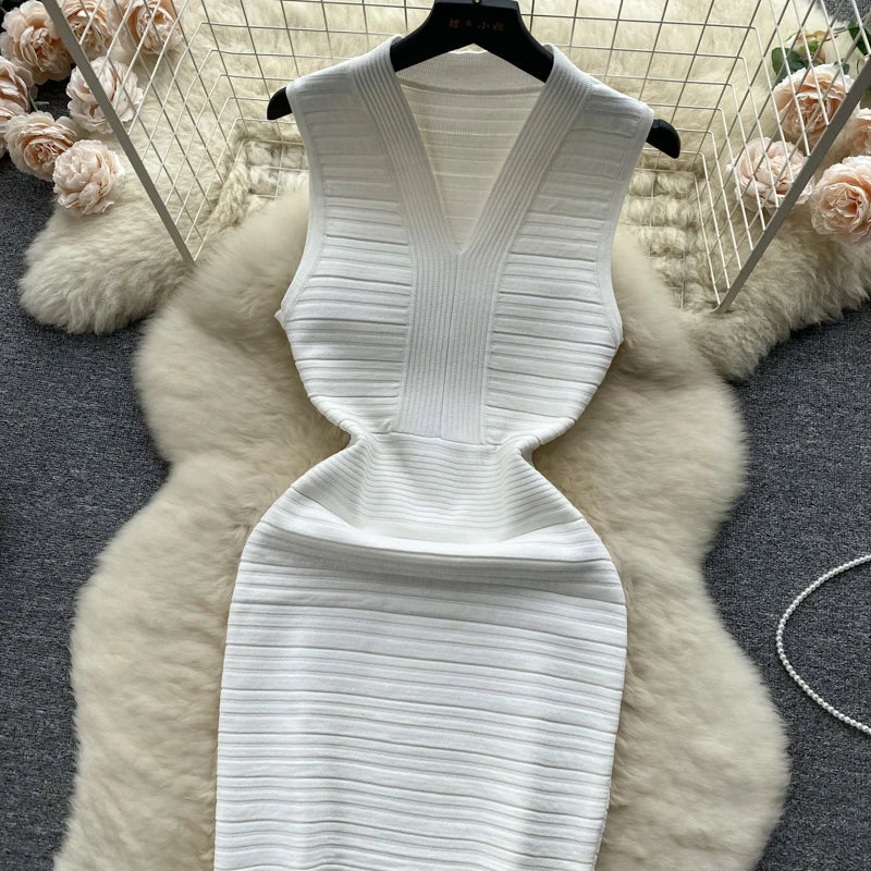 White Knit Tank Dress V Neck Sleeveless Bodycon Wrap Dress