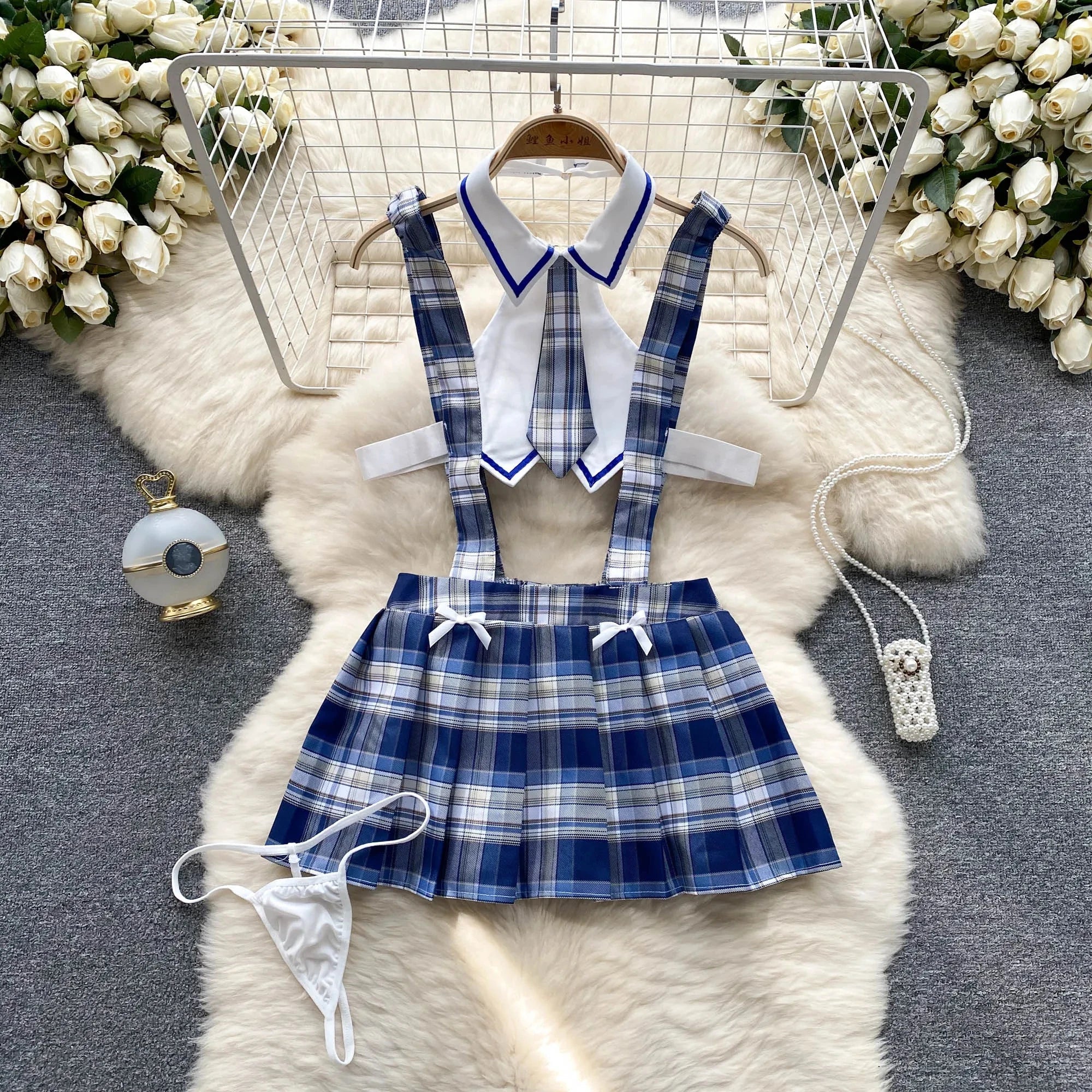 Cute Japanese JK Uniform Checkered Skirt Off Shoulder Dress