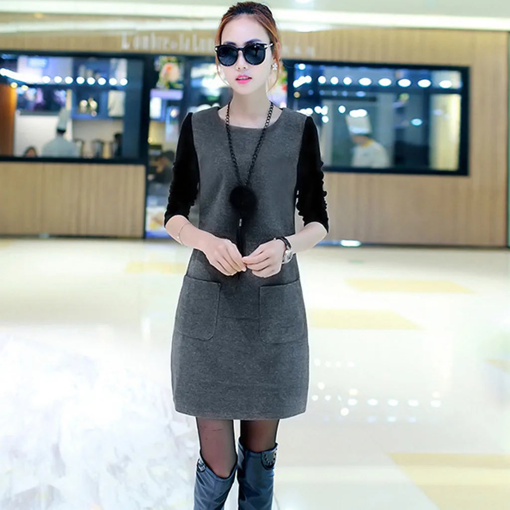 Women Velvet Padded Sweatshirt Dress With Pocket Detail